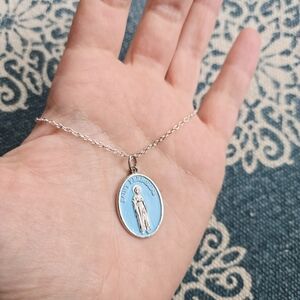 Vintage Silver & Baby Blue Saint St Peregrine & Anthony Medal Medallion Necklace